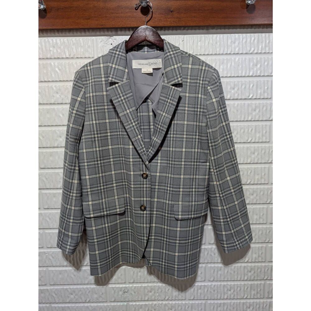 Treasure & Bond Women's Gray Plaid Pattern Long-Sleeve Blazer Jacket Size M